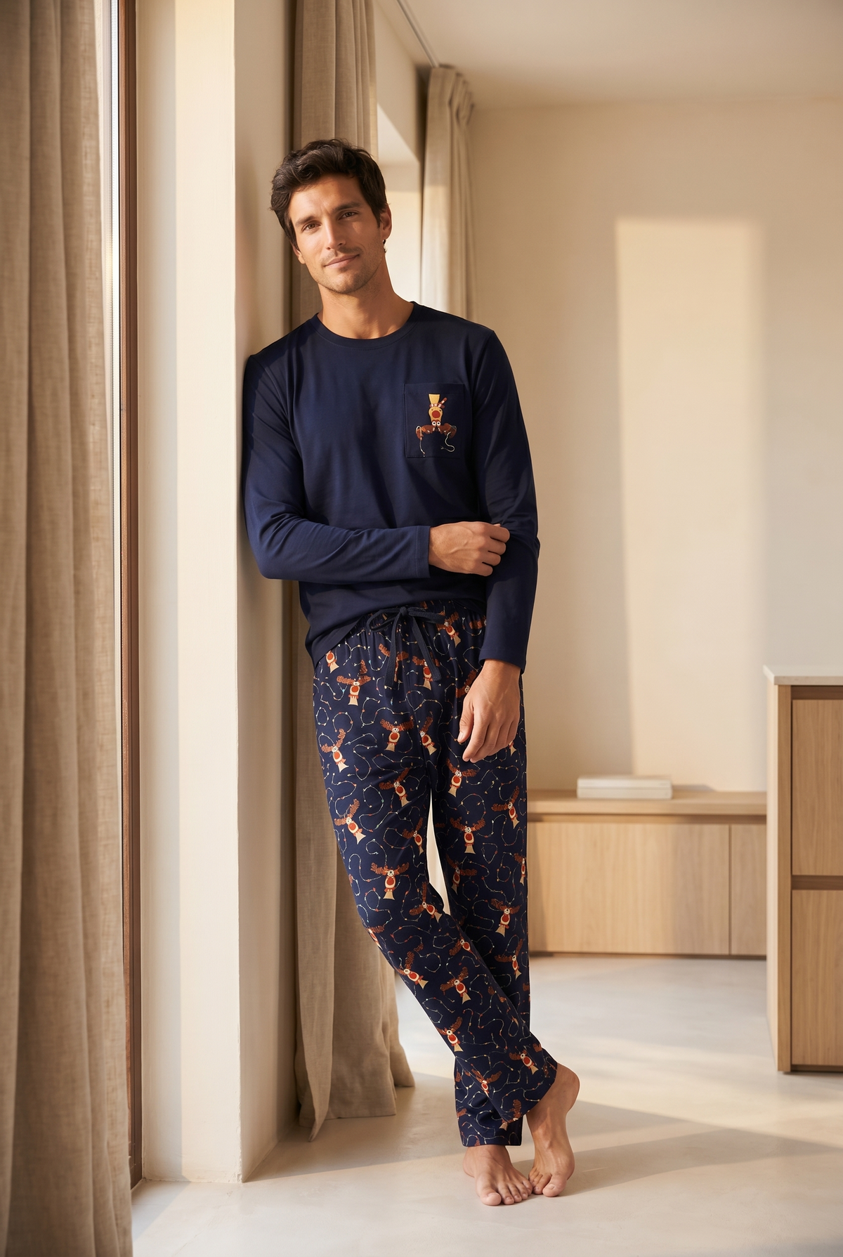 DEER BOXED NEW YEAR MEN PYJAMAS SET NAVY