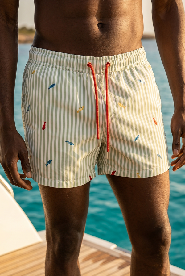 SEA LA VIE FISH EMBROIDERED MEN'S SWIM SHORTS GREEN