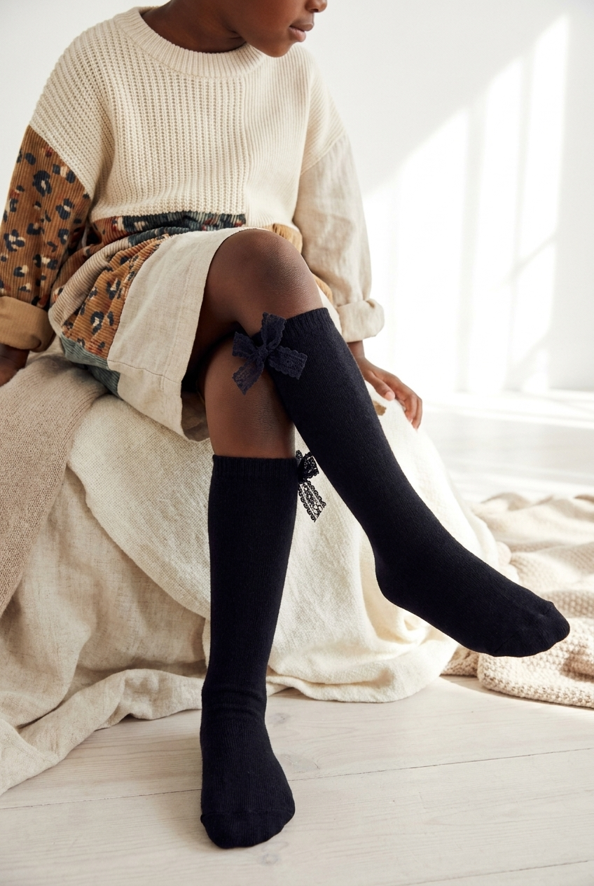 FAMILY KIDS KNEEHIGH RIBBON SOCKS NAVY