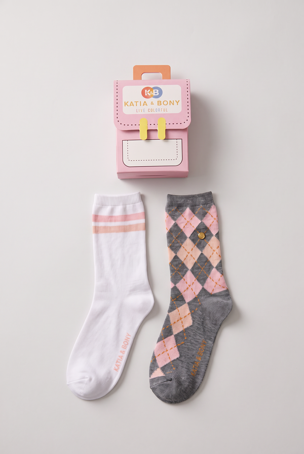 2PCK PLAID BOXED GIRLS SOCKS WHITE-GREY