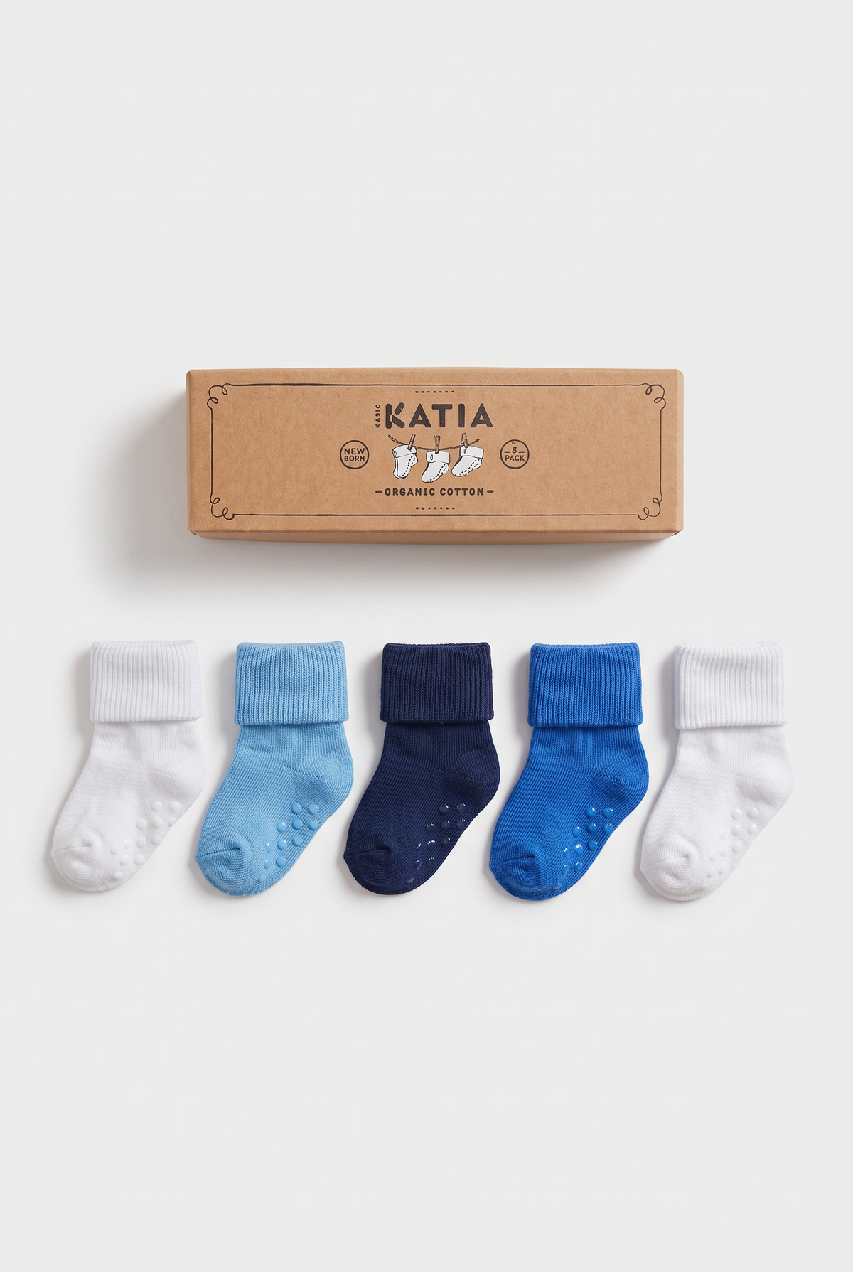 NEWBORN 5 PCK ORGANIC COTTON BABY SOCKS WHITE-BLUE