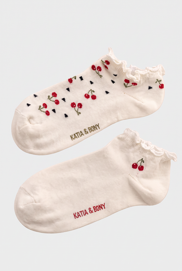2PCK Cherry Patterned Women's Step Socks WHITE MIX