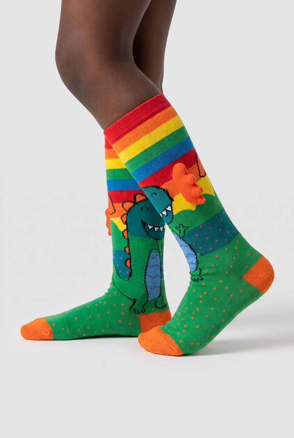 DINOSAUR PATTERNED ACCESSORIZED CHILDREN'S KNEE-HIGH SOCKS MIX