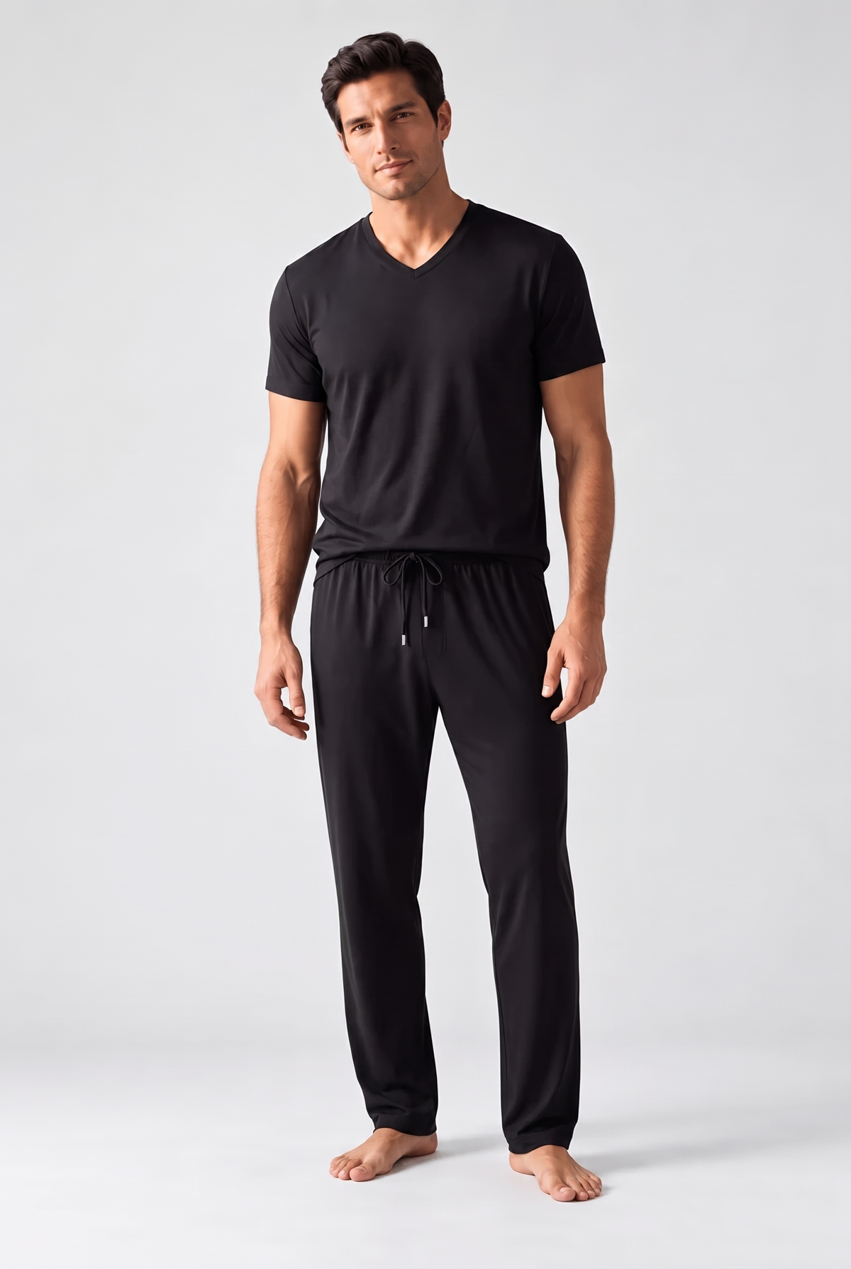 SILVER MEN'S V-NECK PYJAMA TOP - BLACK