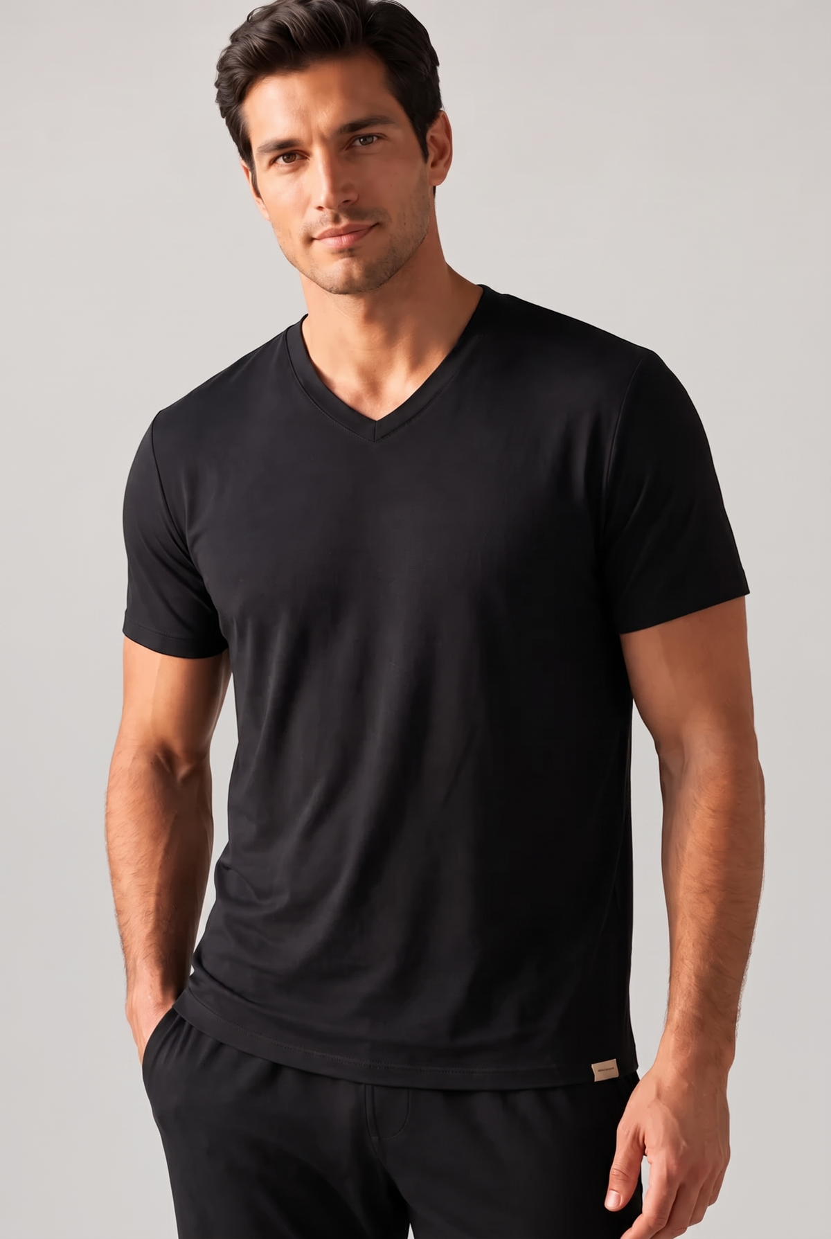 SILVER MEN'S V-NECK PYJAMA TOP - BLACK