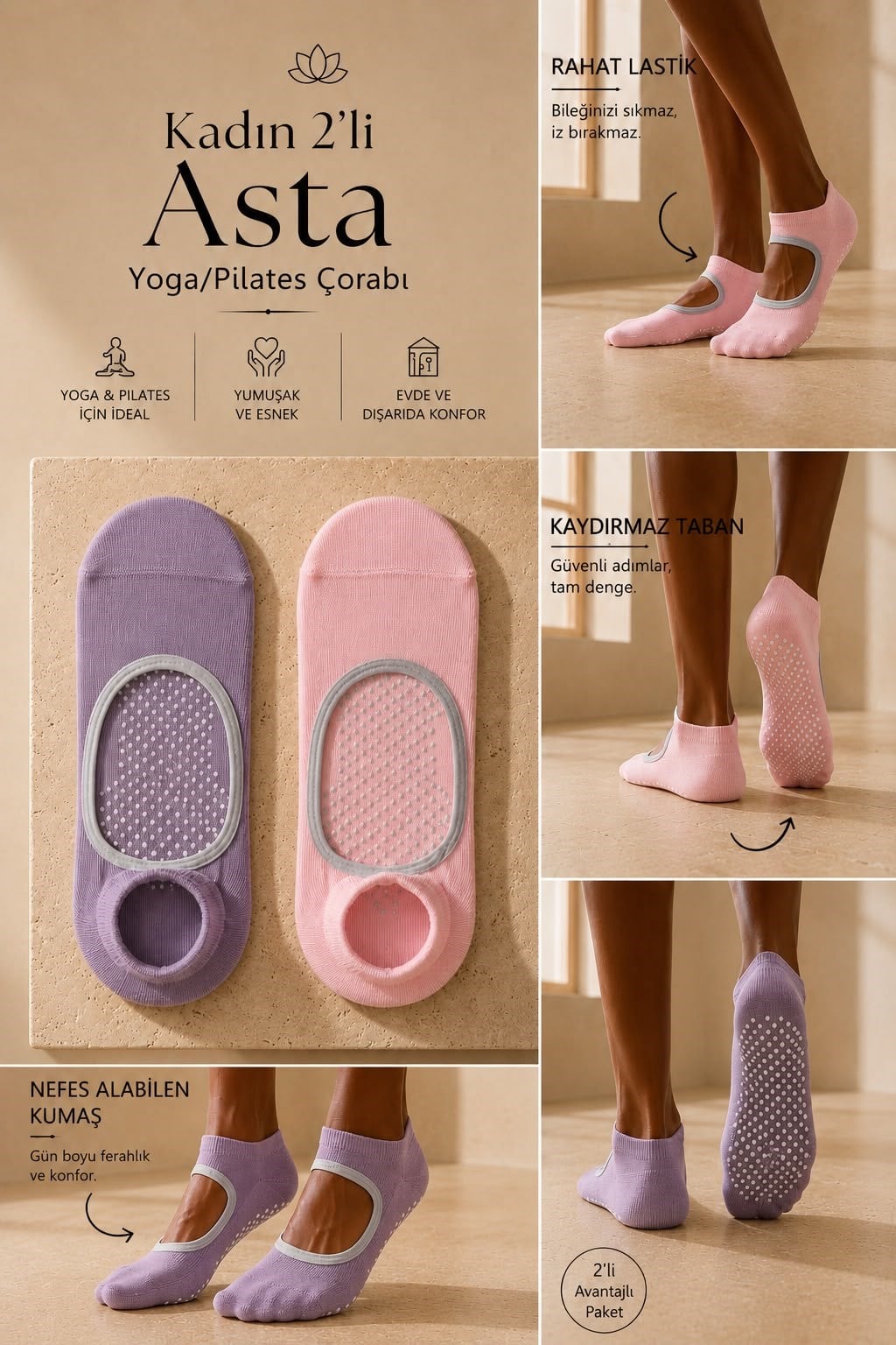 2PCK ASTA YOGA WOMEN STEP SOCKS L.PINK/D.LILAC