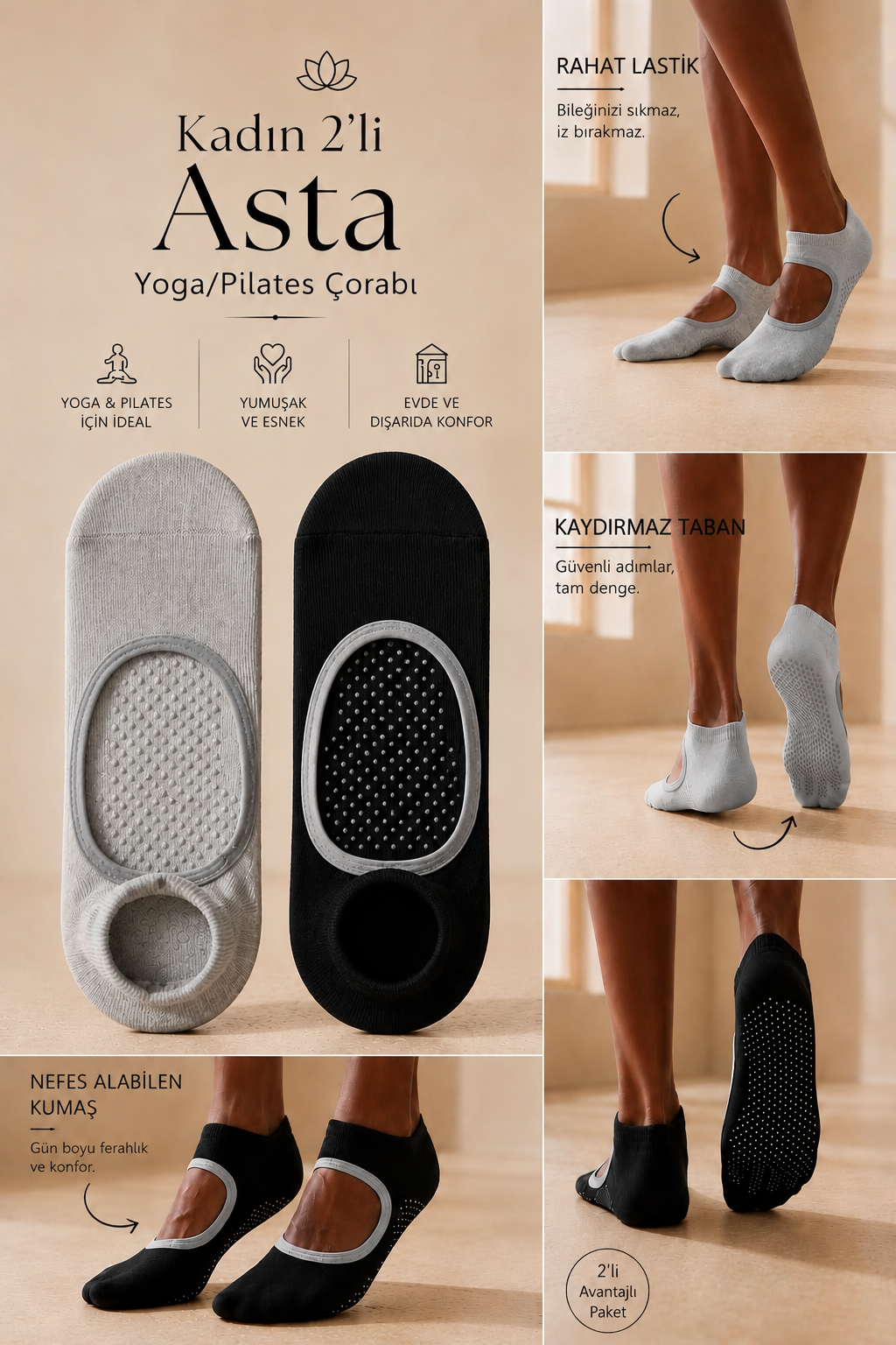 2PCK ASTA YOGA WOMEN STEP SOCKS BLACK/GREY MELANGE