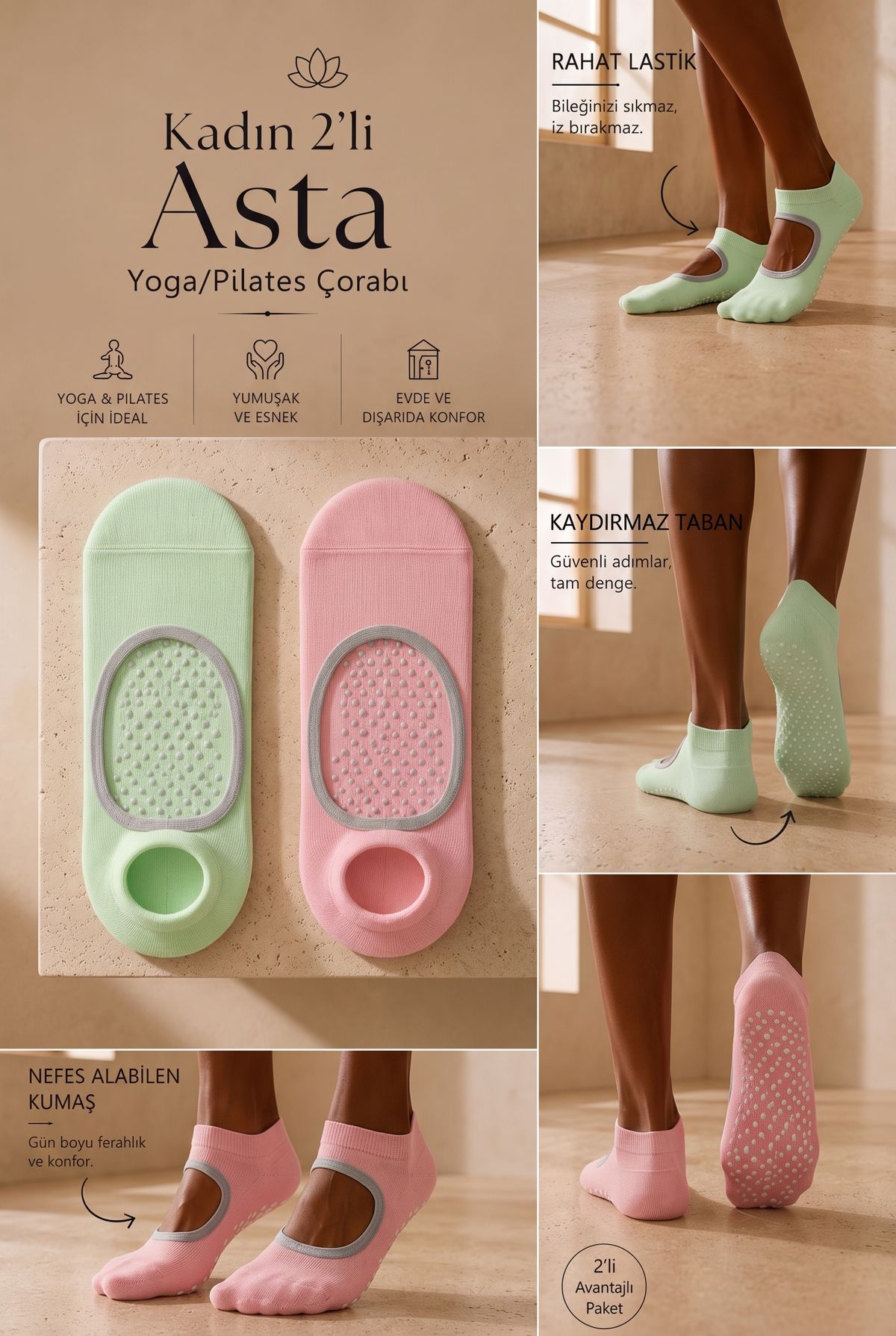 2PCK ASTA YOGA WOMEN STEP SOCKS PINK/LIGHT GREEN
