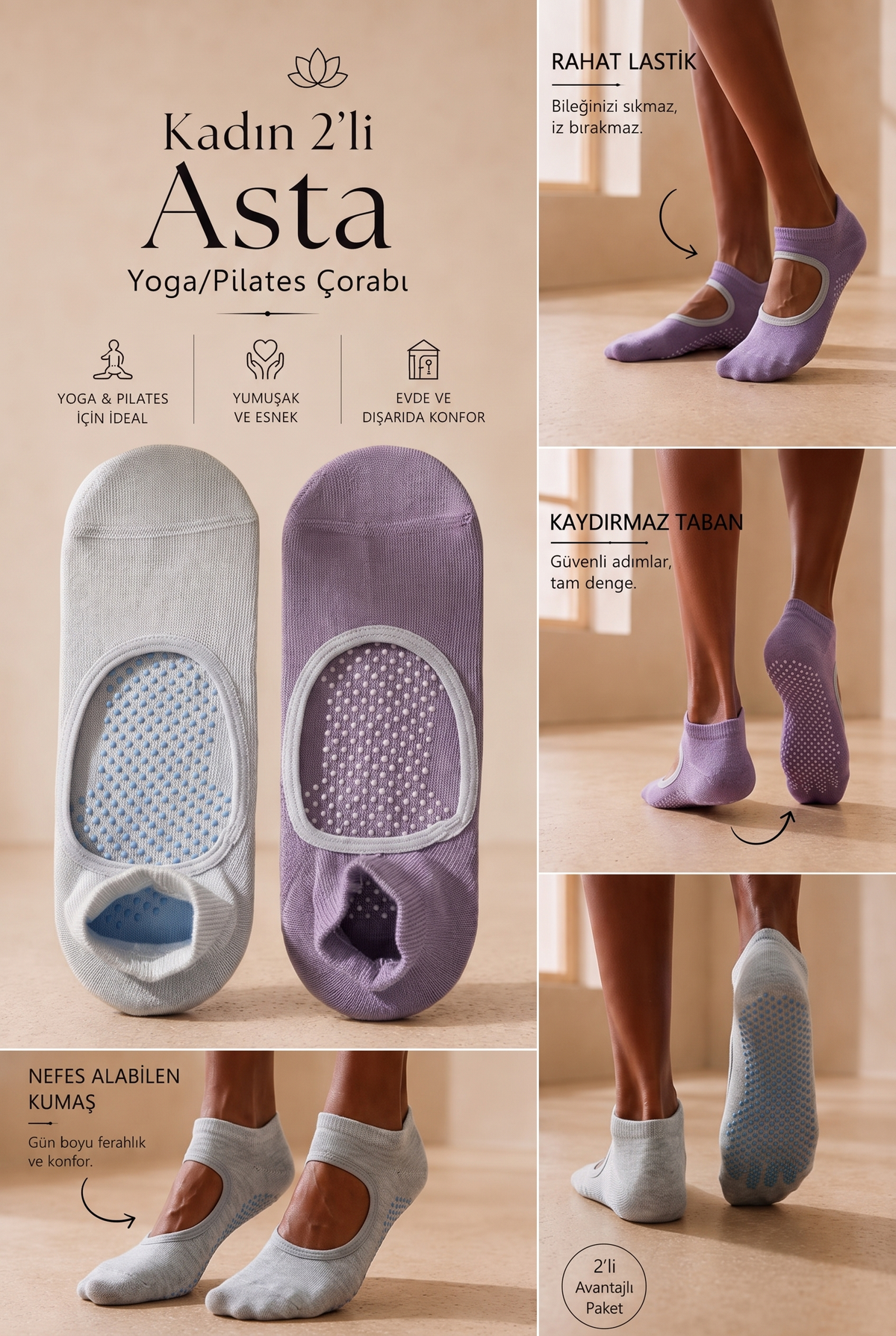 2PCK ASTA YOGA WOMEN STEP SOCKS L.BLUE/LILAC