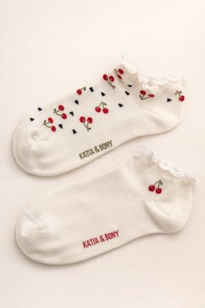 2PCK Cherry Patterned Women's Step Socks WHITE MIX