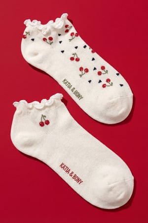 2PCK Cherry Patterned Women's Step Socks WHITE MIX