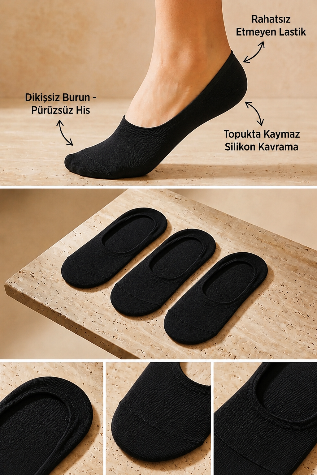 3PCK WOMEN BASIC INVISIBLE SOCKS BLACK-BLACK-BLACK