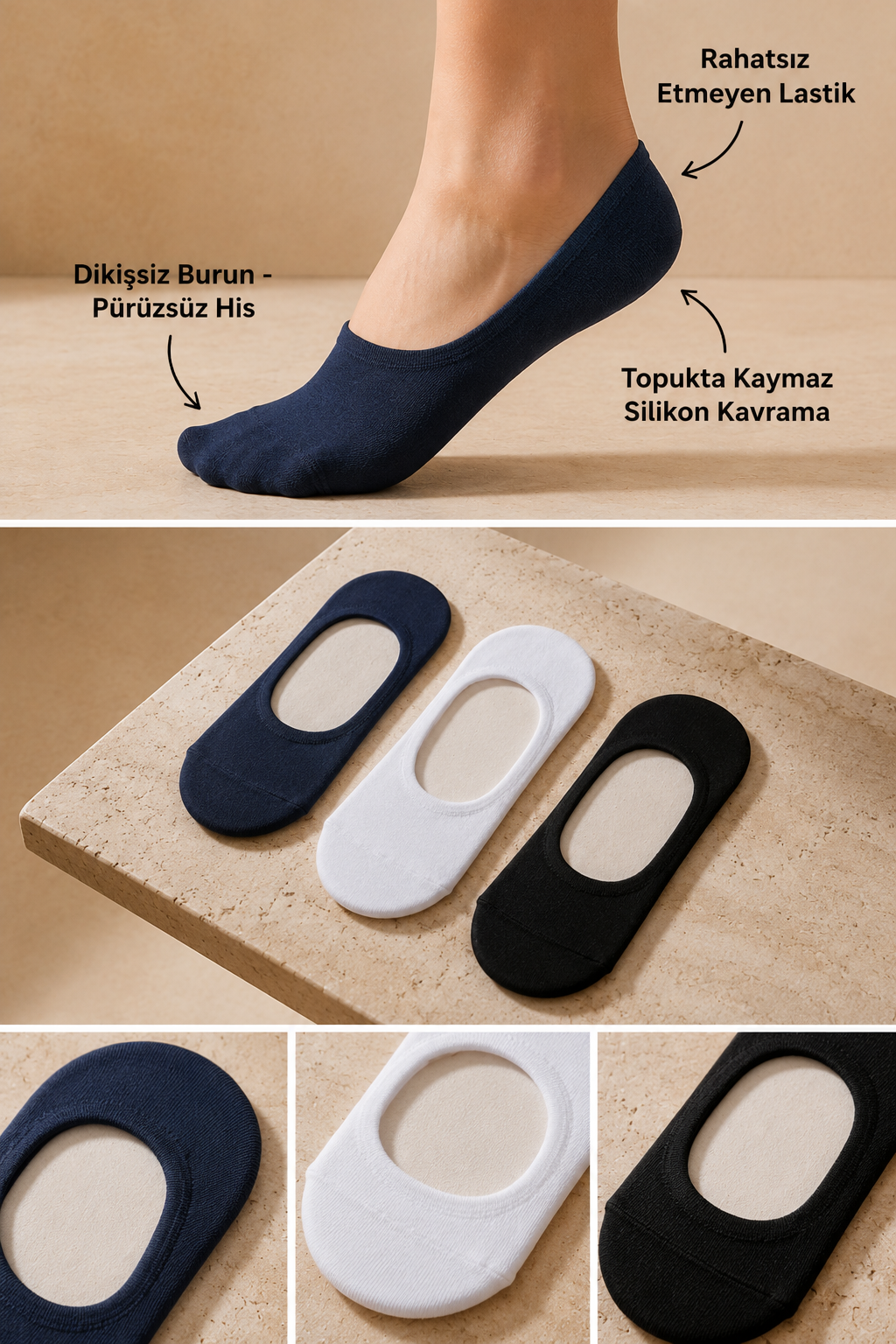 3PCK WOMEN BASIC INVISIBLE SOCKS BLACK/WHITE/NAVY