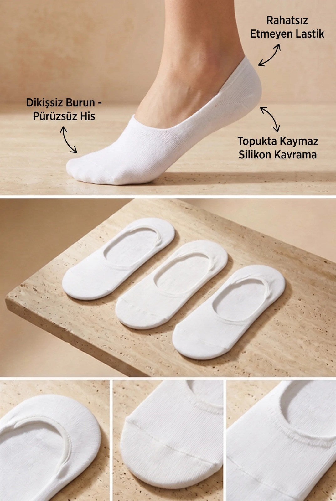 3PCK WOMEN BASIC INVISIBLE SOCKS WHITE-WHITE-WHITE