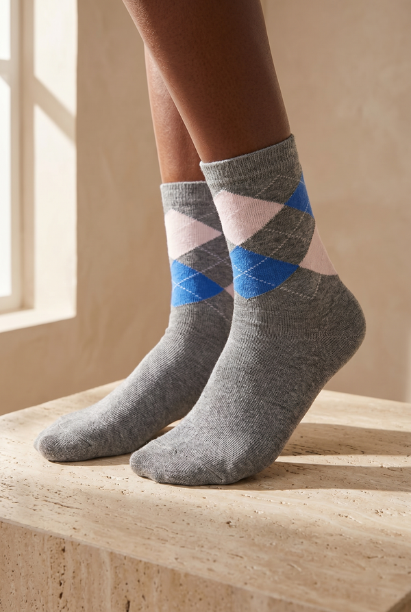 PLAID PATTERNED COTTON WOMEN SOCKS GREY