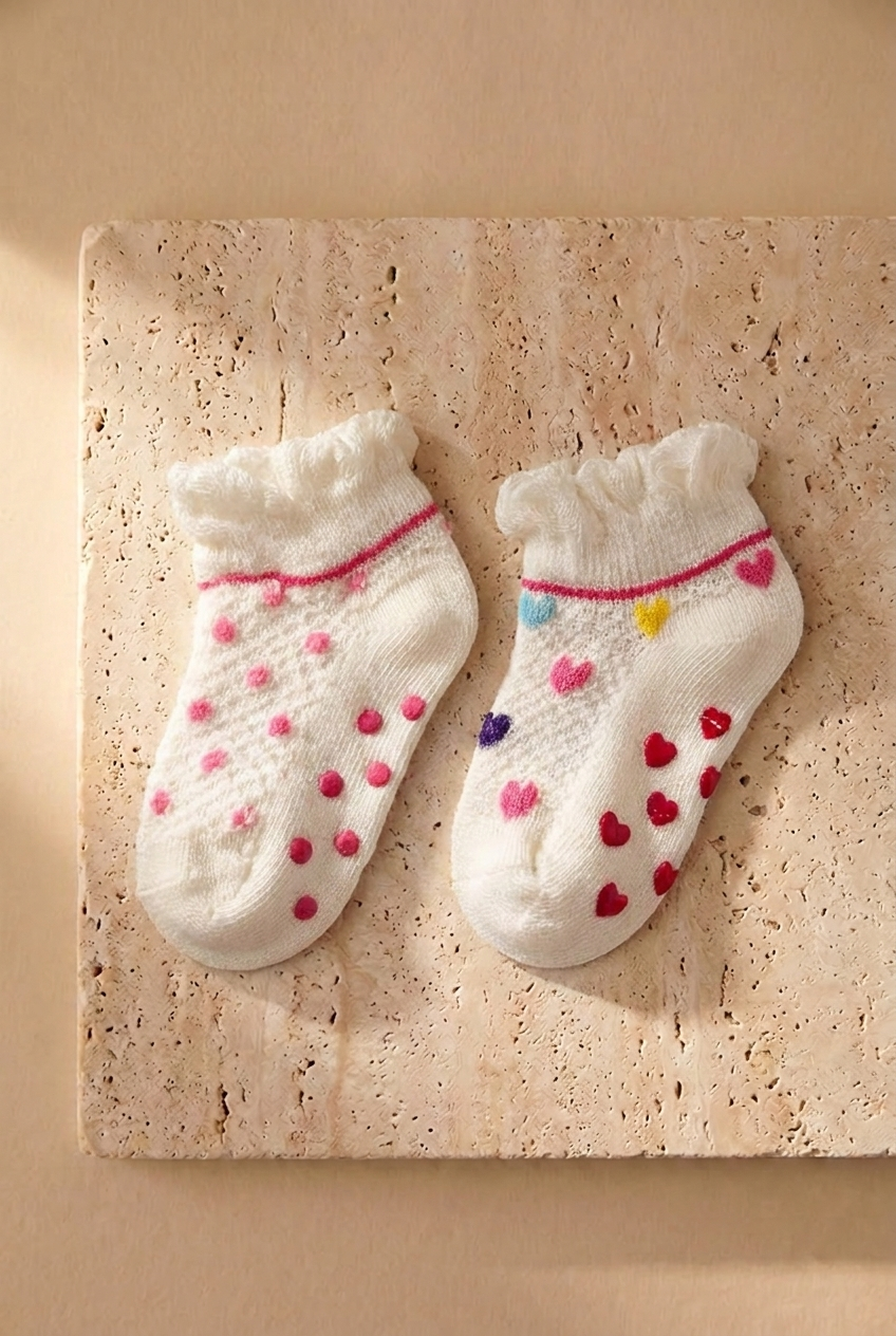 2PCK COLORFUL HEART BABY STEP SOCKS WHITE MIX