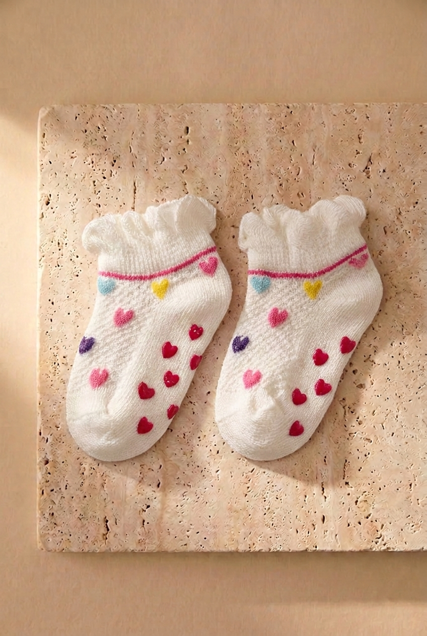 2PCK COLORFUL HEART BABY STEP SOCKS WHITE MIX