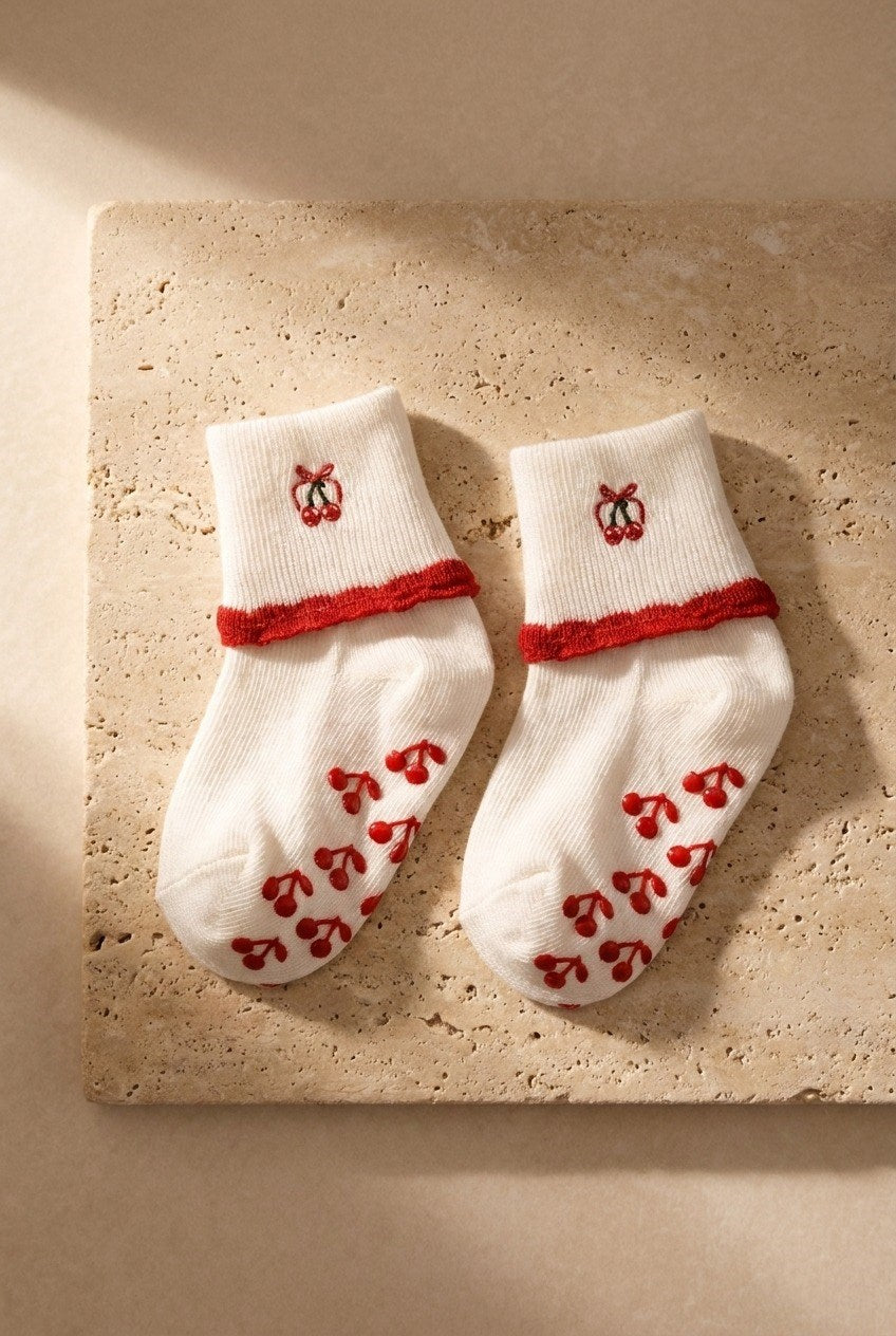 2PCK CHERRY BABY STEP SOCKS WHITE-RED