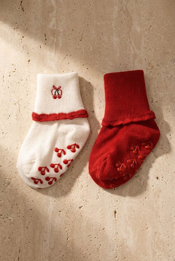 2PCK CHERRY BABY STEP SOCKS WHITE-RED