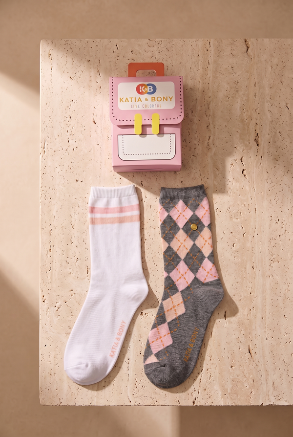 2PCK PLAID BOXED GIRLS SOCKS WHITE-GREY