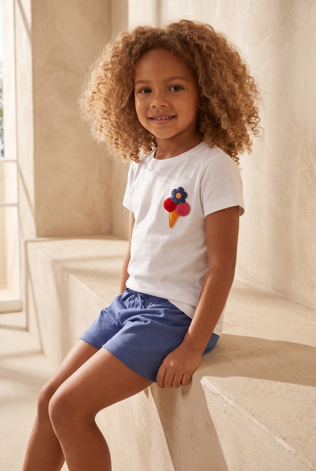 FLORAL OUTBURST ICE CREAM THEMED GIRLS' SHORTS SET ECRU