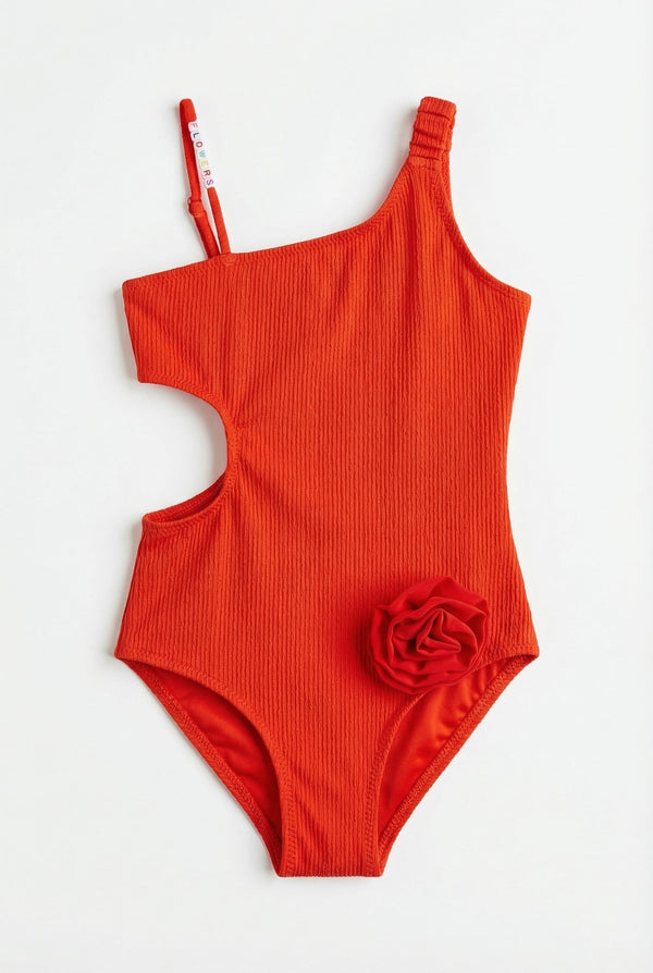 FLORAL OUTBURST GIRL'S SWIMSUIT WITH ROSE ACCESSORIES RED