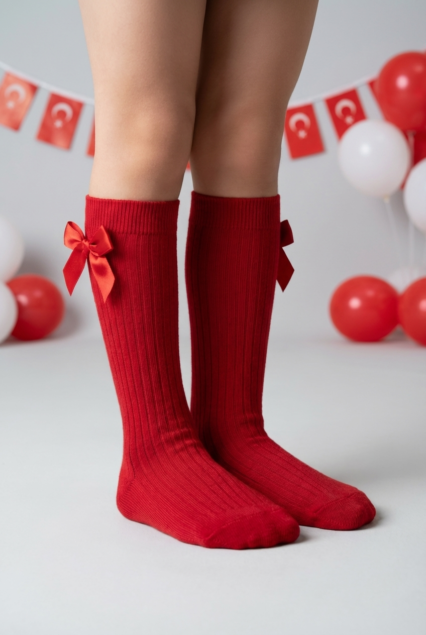 RIBBON-WOVEN CHILDREN'S KNEE-HIGH SOCKS RED
