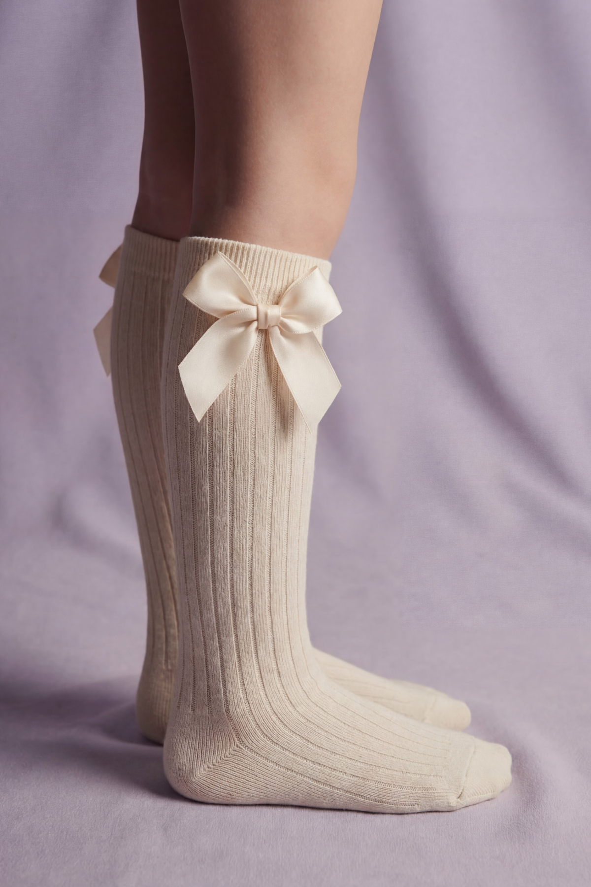 RIBBON-WOVEN CHILDREN'S KNEE-HIGH SOCKS ECRU