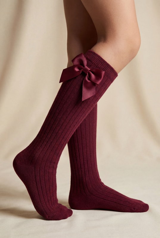 RIBBON-WOVEN CHILDREN'S KNEE-HIGH SOCKS BURGUNDY