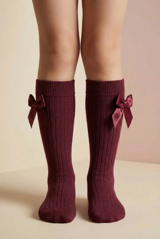 RIBBON-WOVEN CHILDREN'S KNEE-HIGH SOCKS BURGUNDY