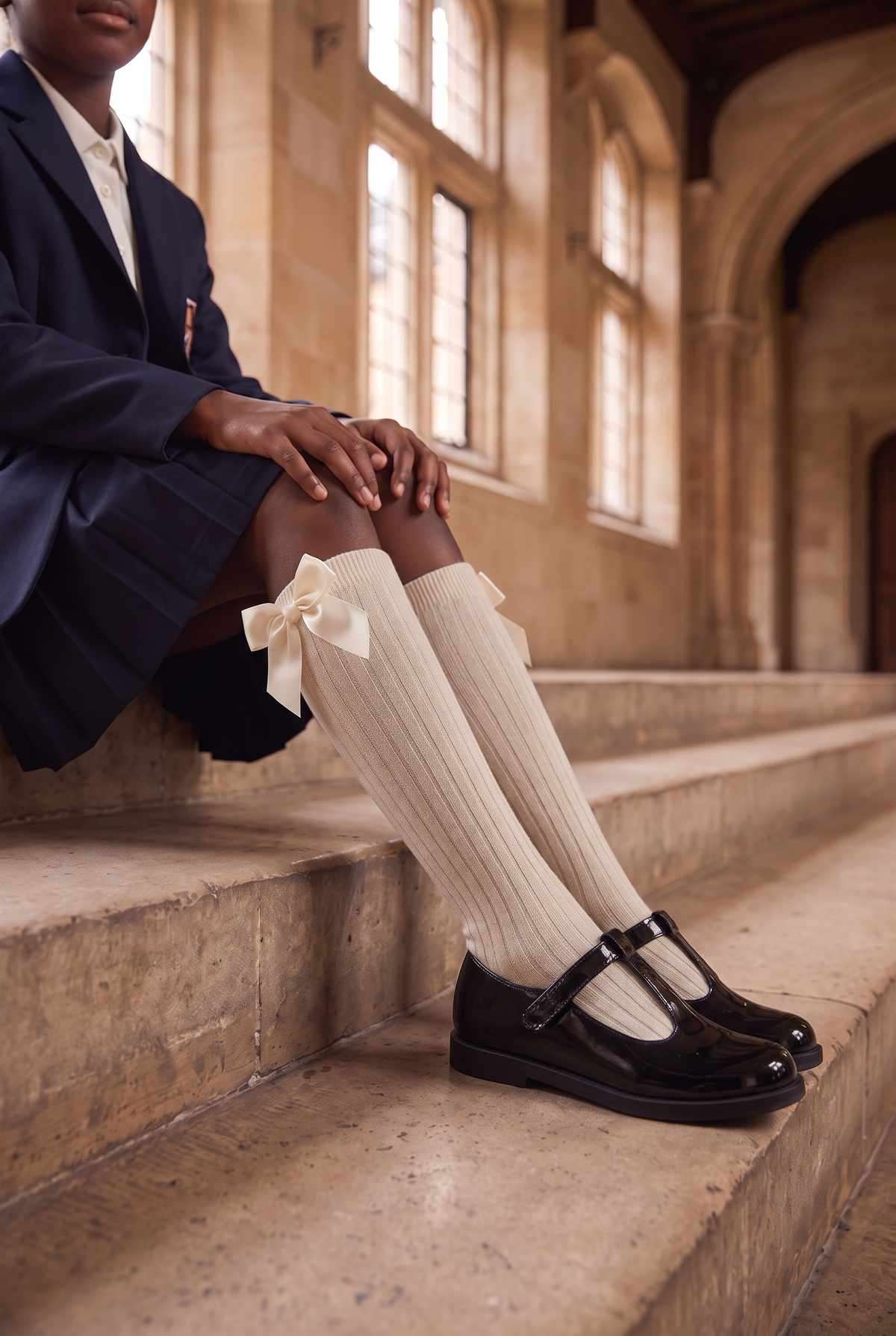 RIBBON-WOVEN CHILDREN'S KNEE-HIGH SOCKS ECRU