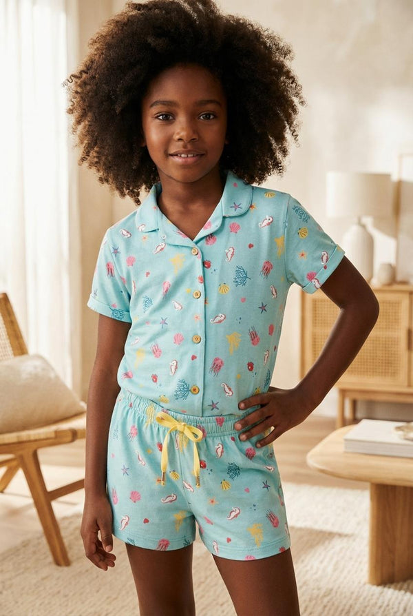 SEA LA VIE BUTTONED GIRL'S SHORTS SET BLUE