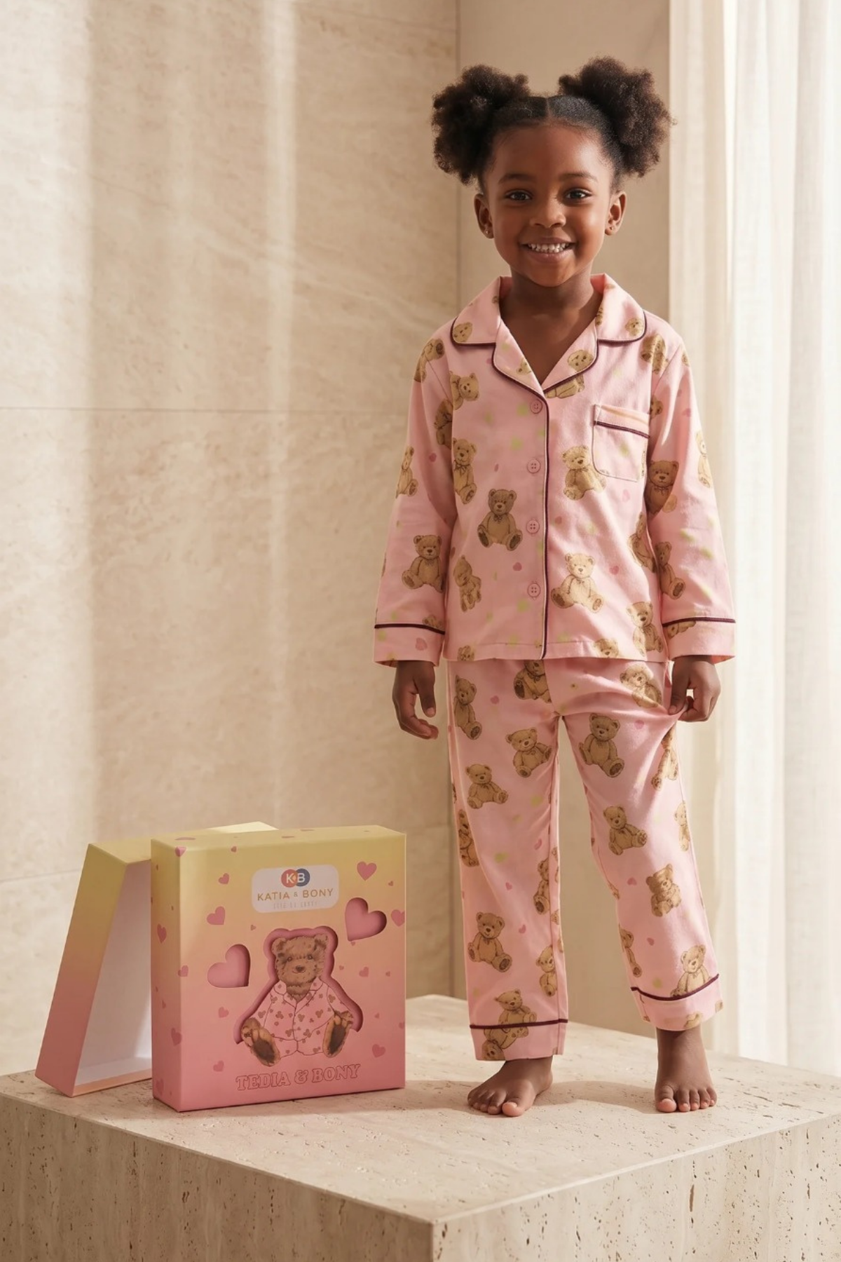 TEDDY PATTERNED BOXED GIRLS PYJAMAS SET PEACH