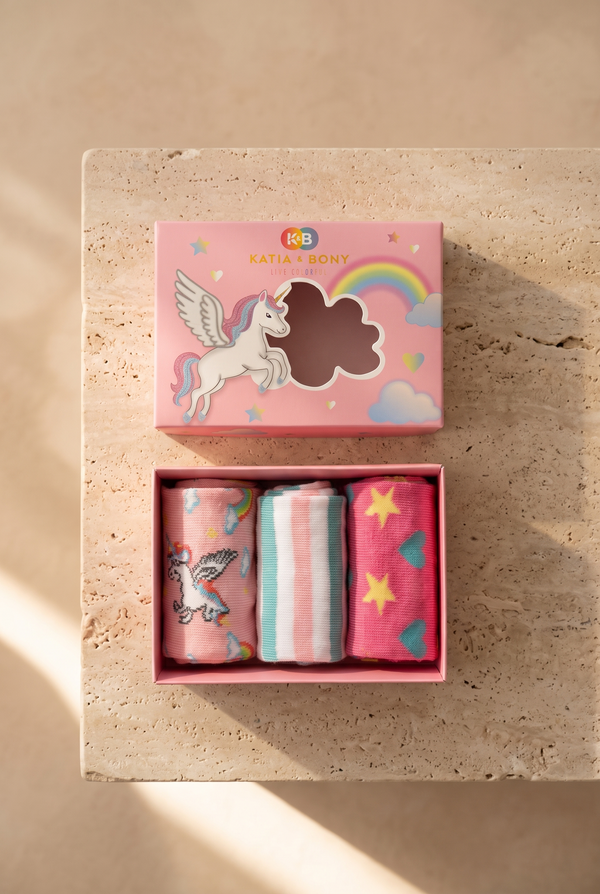 3PCK UNICORN BOXED GIRL SOCKET SOCKS PINK MIX