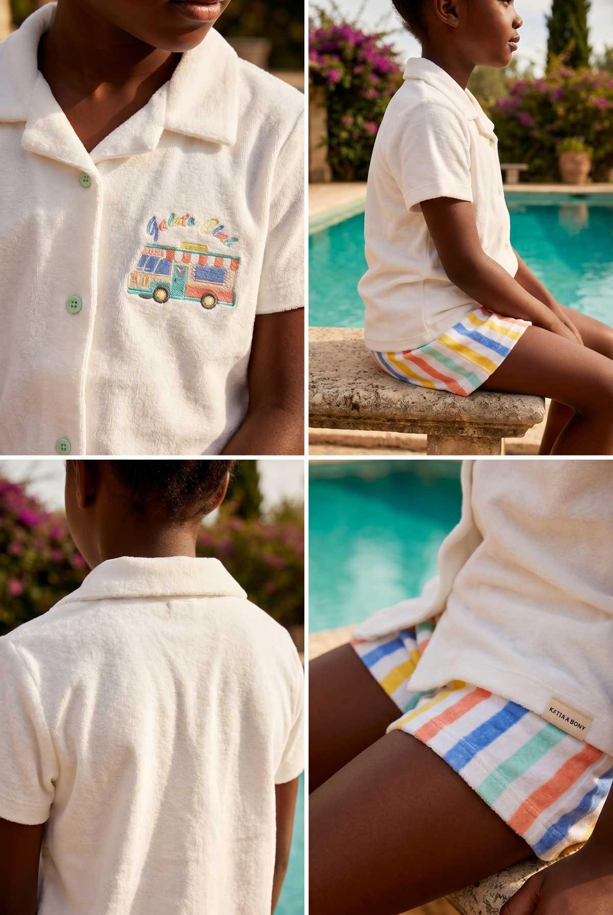 Polo Collar Kids Towel Shorts Set ECRU