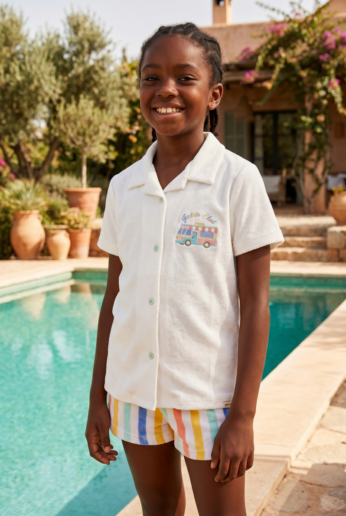 Polo Collar Kids Towel Shorts Set ECRU