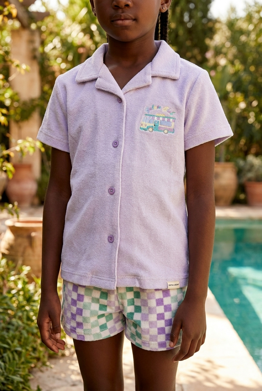 Polo Collar Kids Towel Shorts Set LILAC
