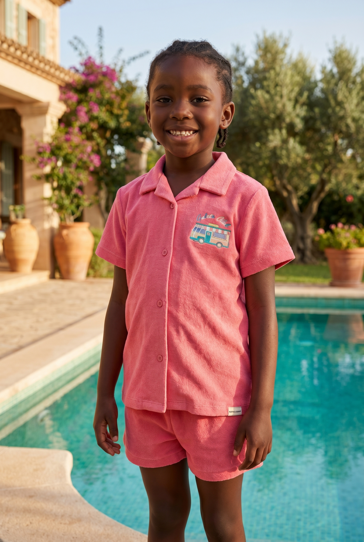Polo Collar Kids Towel Shorts Set PINK