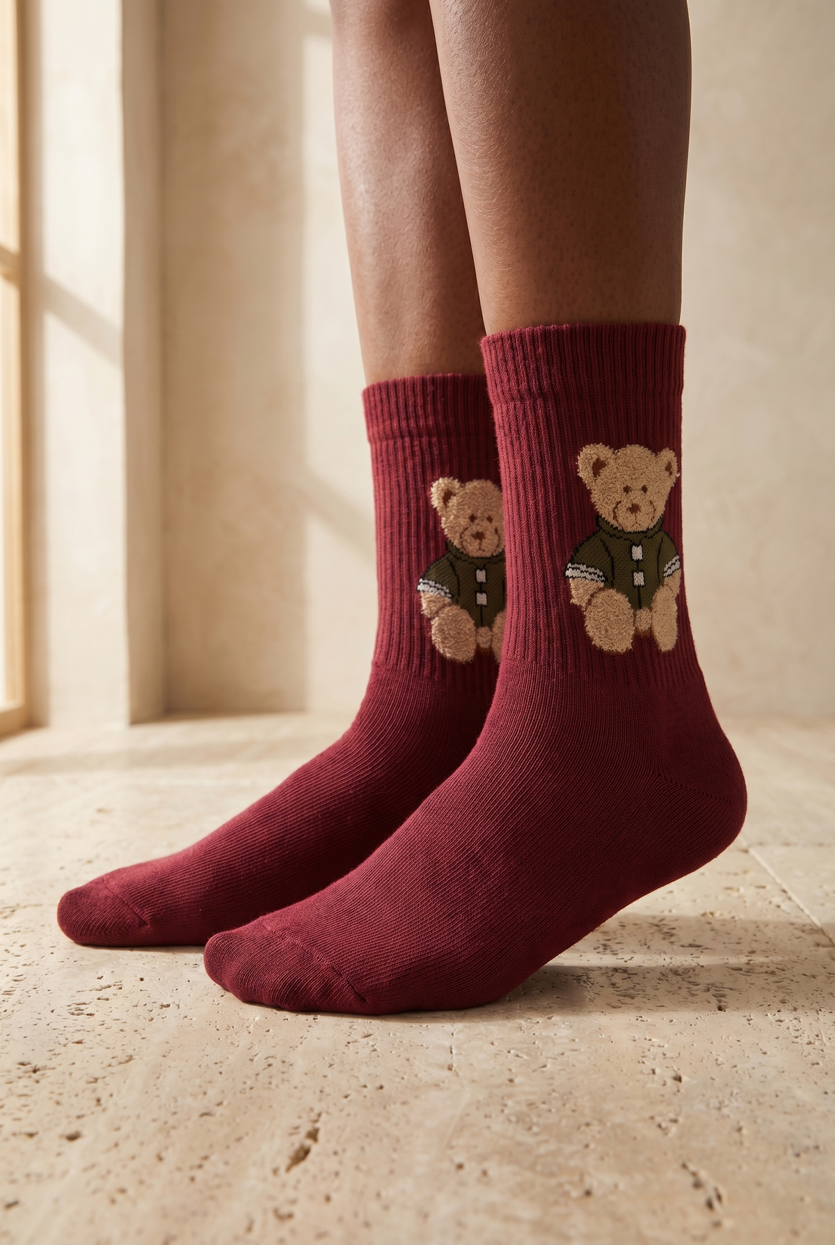 TEDDY PATTERNED UNISEX SOCKS BURGUNDY