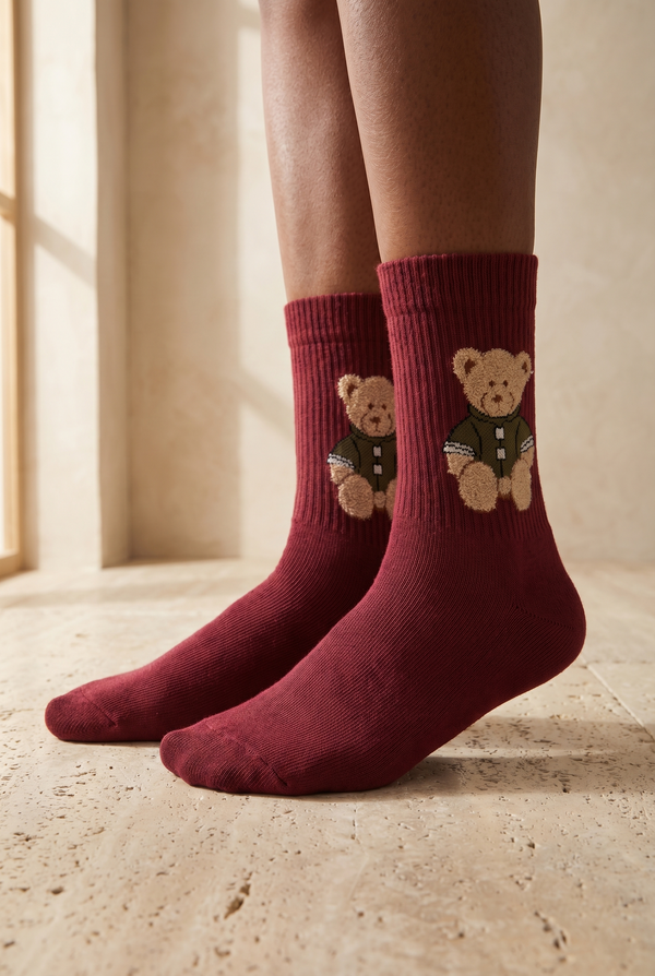 TEDDY PATTERNED UNISEX SOCKS BURGUNDY