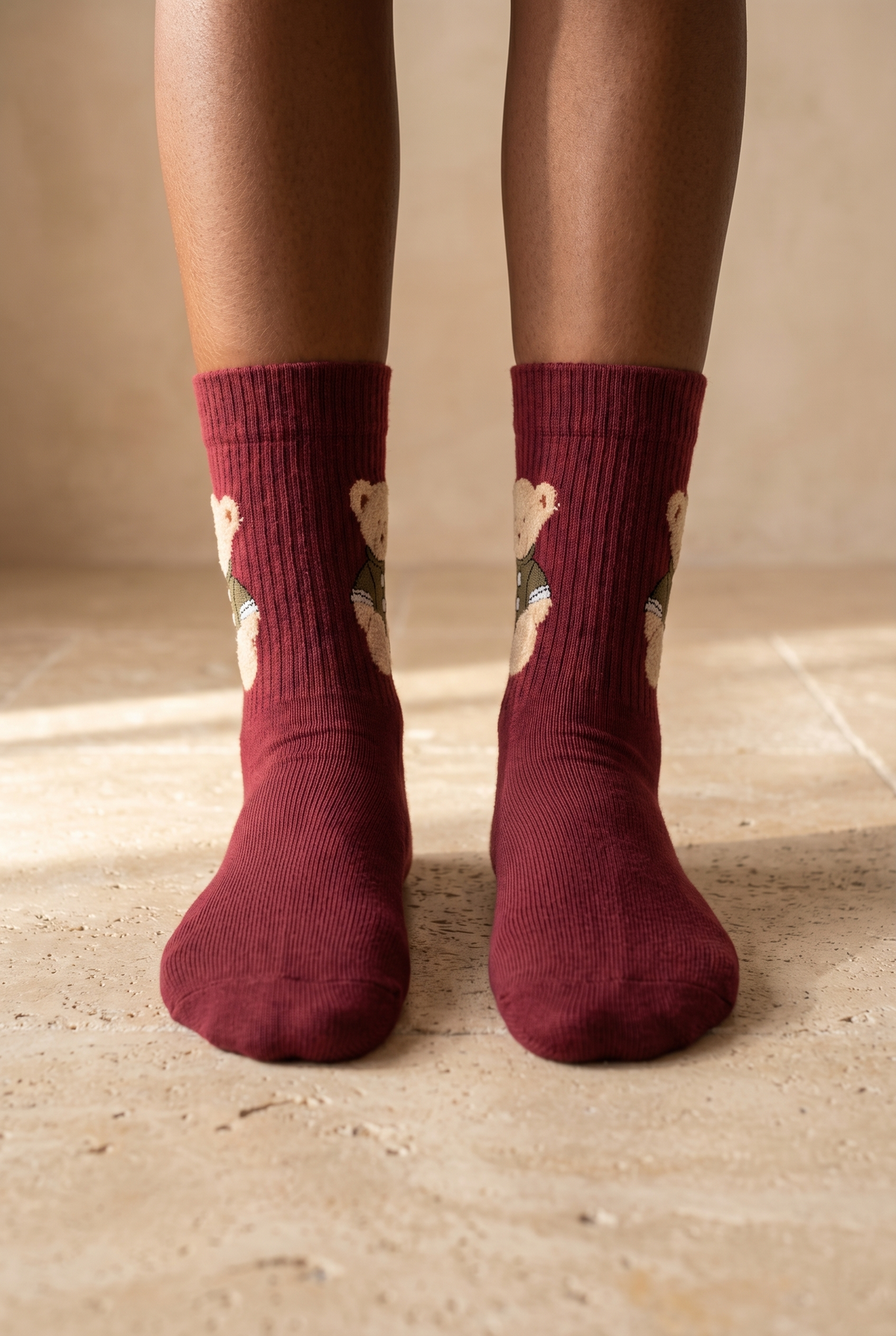 TEDDY PATTERNED UNISEX SOCKS BURGUNDY