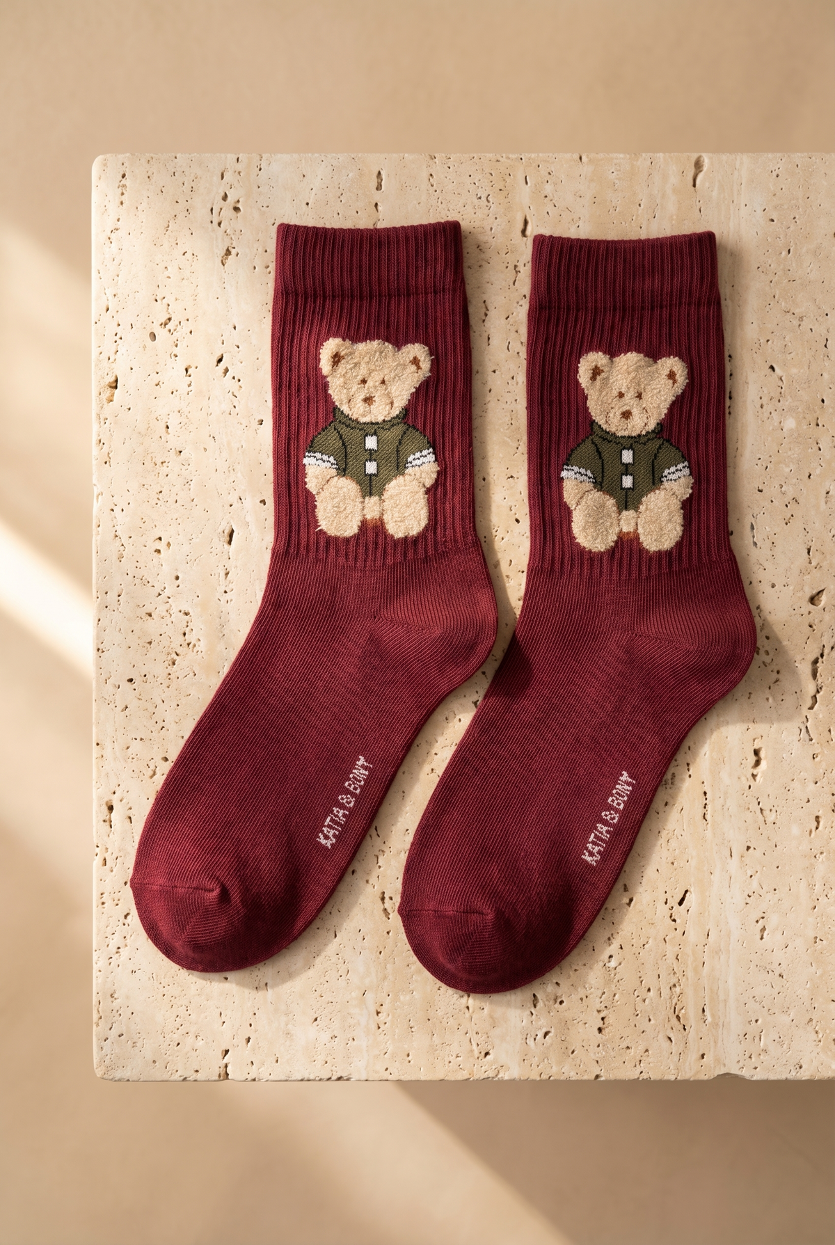 TEDDY PATTERNED UNISEX SOCKS BURGUNDY