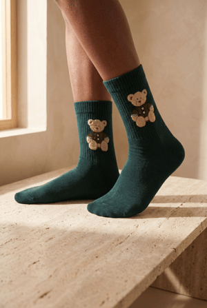 TEDDY PATTERNED UNISEX SOCKS DARK GREEN