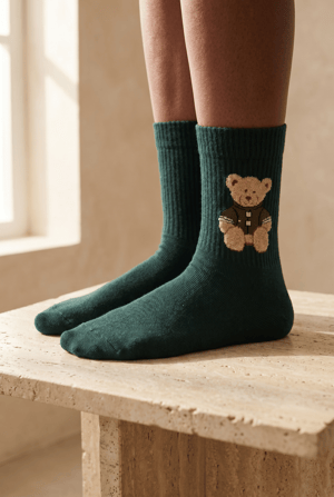 TEDDY PATTERNED UNISEX SOCKS DARK GREEN