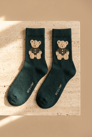 TEDDY PATTERNED UNISEX SOCKS DARK GREEN