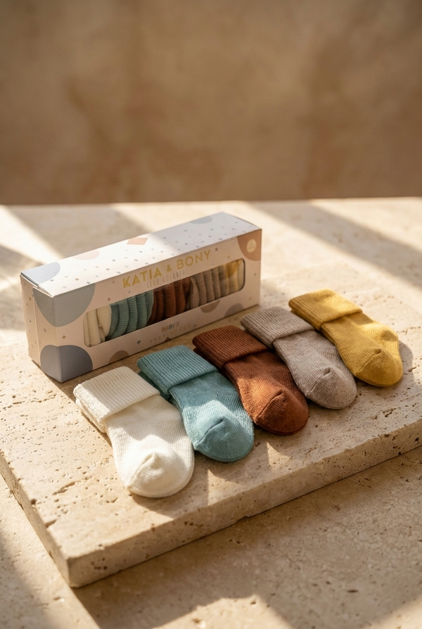 5PCK BOXED NEWBORN SOCKS BROWN MIX